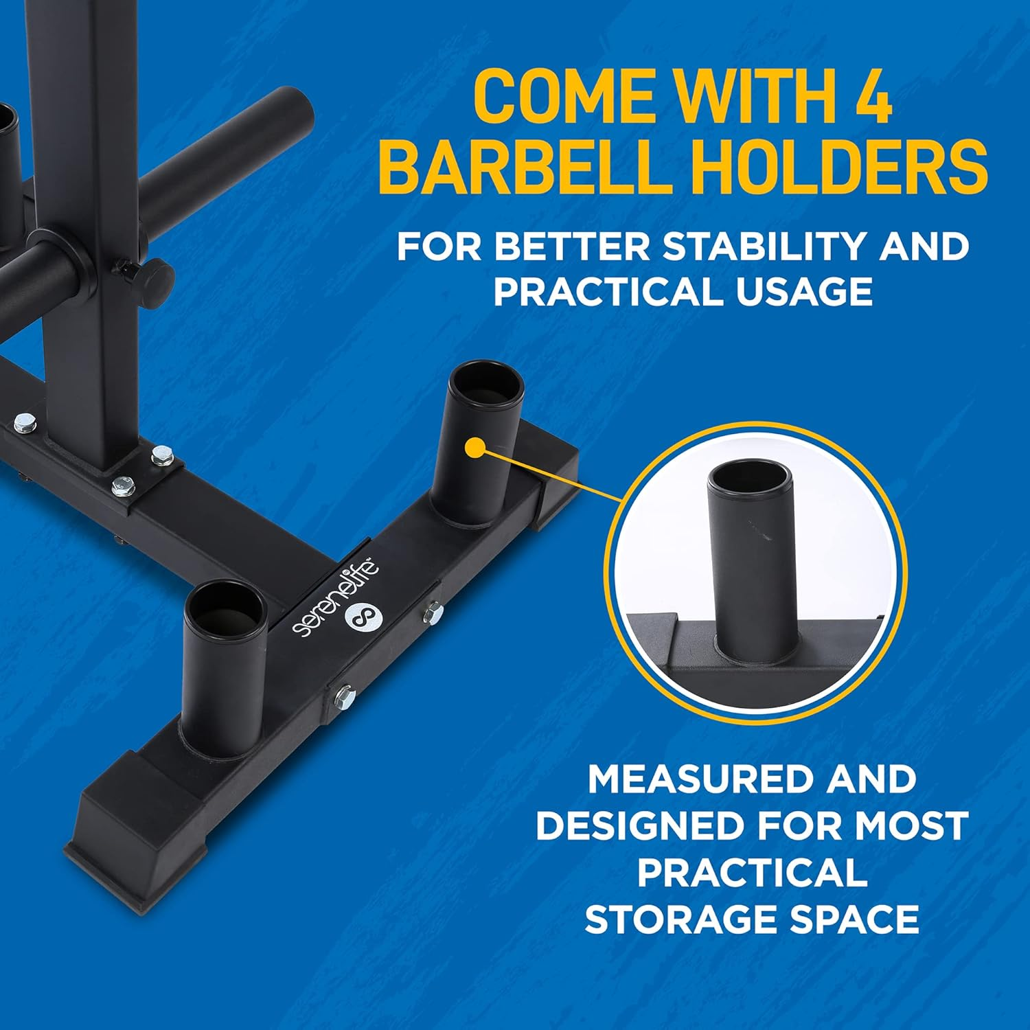 Serenelife 6-Pegs Olympic Weight Plate Rack & 4 Barbells - 363 Kilogram, Capacity, Heavy Duty Gym Organizer, Scratch Resistant Frame, Powder-Coat Finish, Easy to Assemble, Compact & Space-Saving