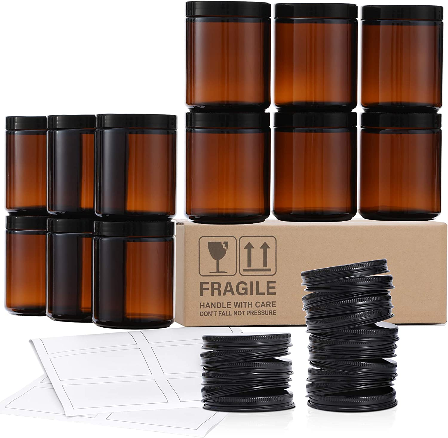 12 Pack, 8 OZ Amber round Glass Jars with 12 Metal Lids & 12 Plastic Lids - Empty Candle Jar, Food Storage Containers, Canning Jar for Spice, Powder, Liquid, Sample - Leakproof & Dishwasher Safe image number 1
