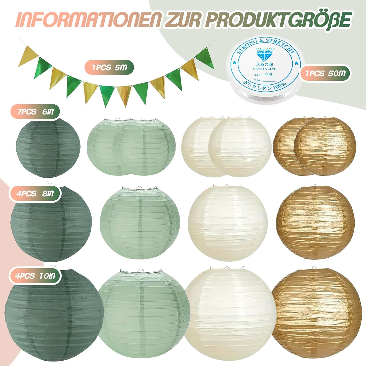 Pack of 15 Green Gold Paper Lanterns, round Hanging Paper Lanterns with Pennant and Fishing Line, Sage Green Lanterns for Bridal Wedding Decoration, Garden Party Decoration (Size: 25 Cm, 20 Cm, 15 Cm) image number 1