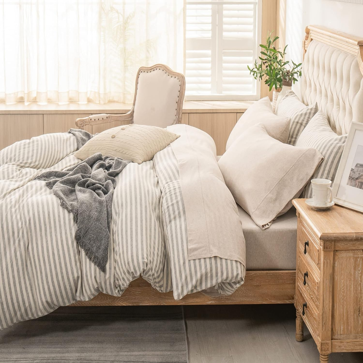 PURE ERA Jersey Knit 4Pc Bed Sheet Set 100% T-Shirt Heather Cotton Super Soft Comfy Breathable Fits Mattress up to 20" Extra Deep Pocket (Heather Beige, Queen) image number 3