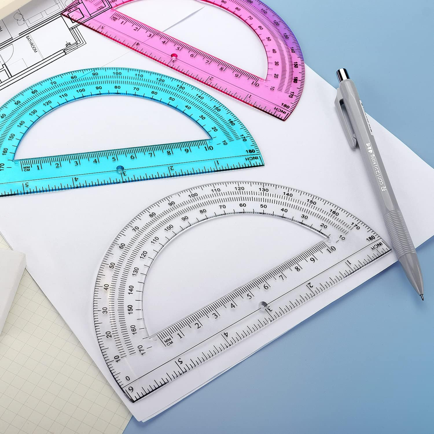 12 Pack Plastic Protractor 6 Inches Math Protractors 180 Degrees for School Office Supplies, Clear/Blue/Pink image number 6