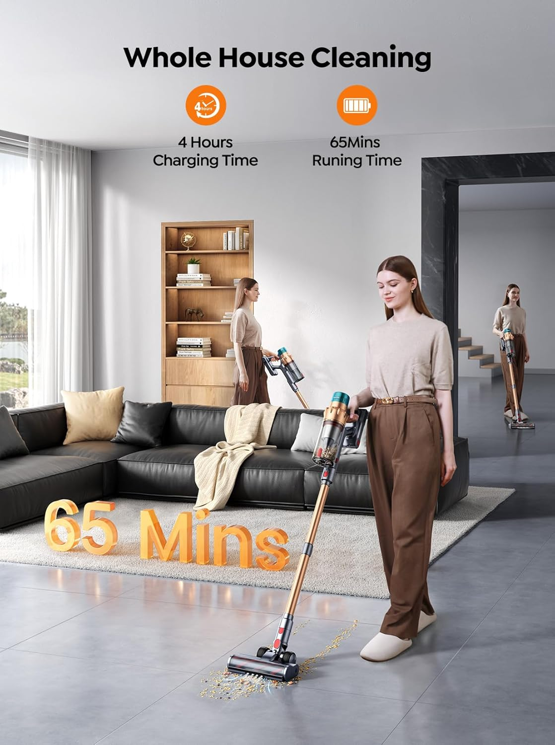 SMOTURE 50KPA 600W Cordless Vacuum Cleaner, 65Mins Runtime, Self-Standing Stick Vacuum with Aroma Function, Auto Mode, Wall Mount Charging, Touchscreen, Anti-Tangle Vacuum for Pet Hair/Floor/Carpet