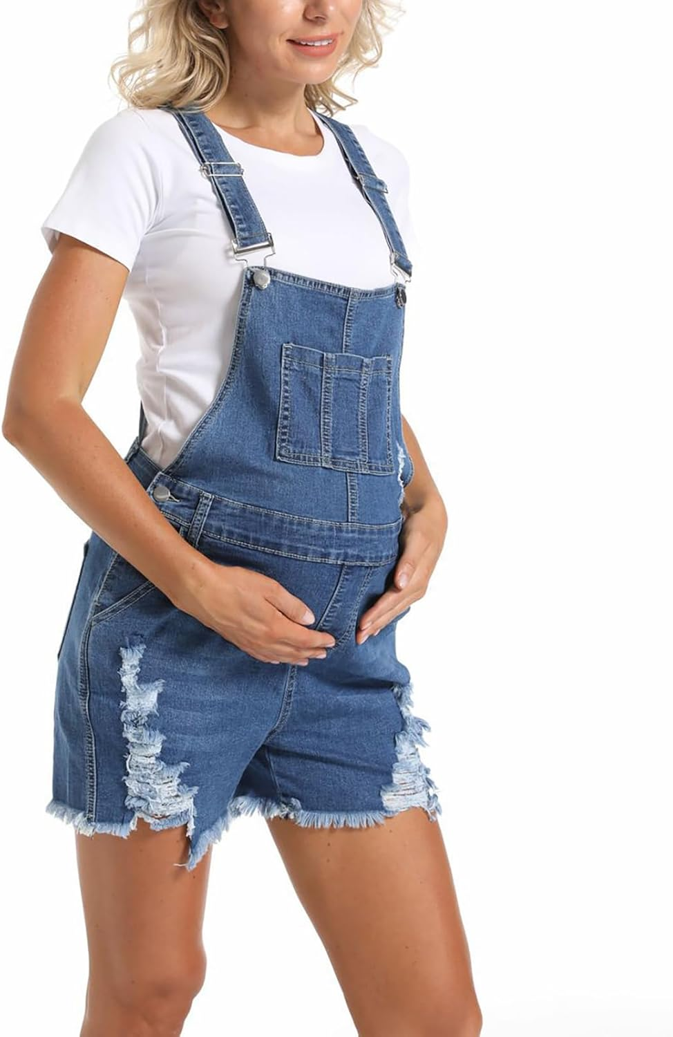 Maternity Denim Overall Shorts for Women Ripped Jean Bib Romper Shorts with Adjustable Straps image number 3
