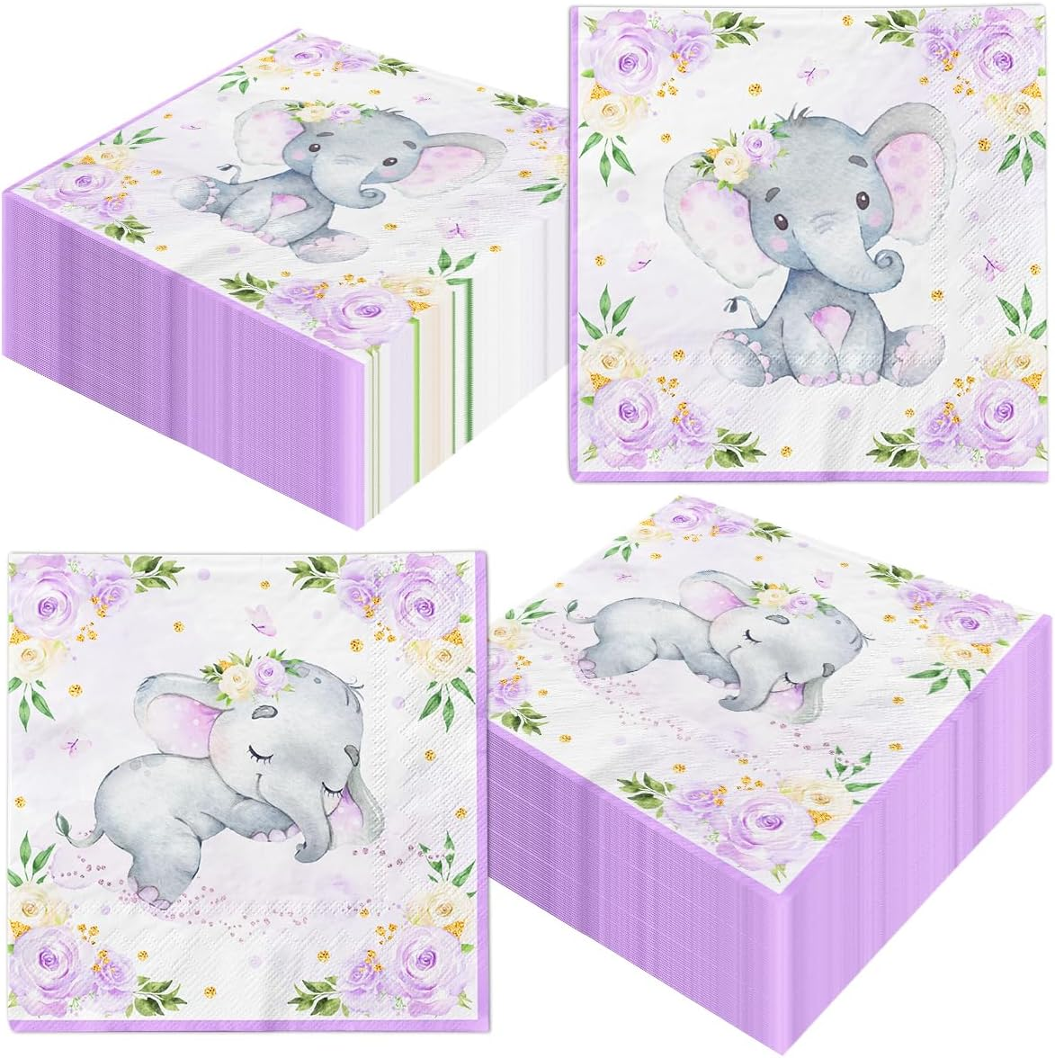 Juweked 40Pcs Lilac Elephant Baby Shower Napkins for Girl - 2-Ply Paper Napkins - 6.5" X 6.5" (Folded), 13" X 13" (Unfolded) - Baby Shower Decorations image number 1
