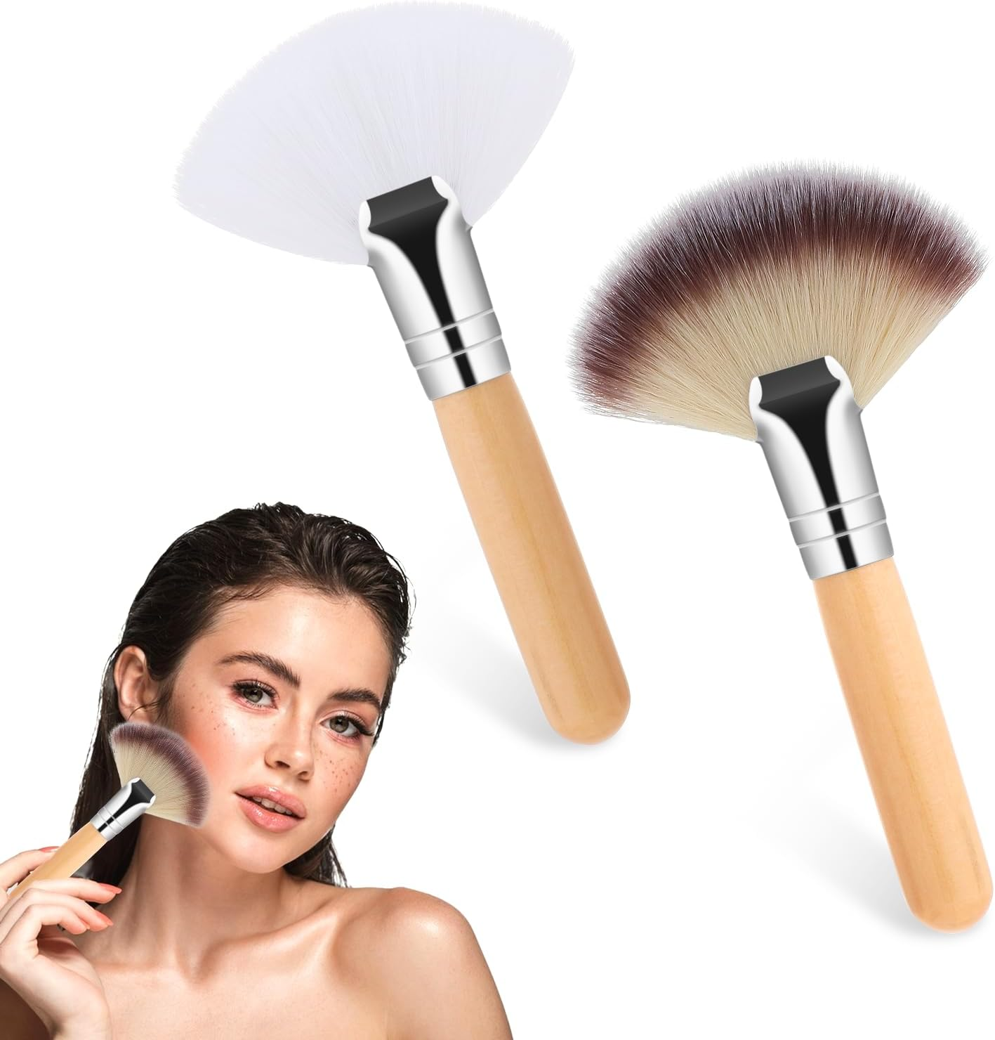 Small Fan Brush, 2 PCS Fluffy Facial Brush Cosmetic Tools Esthetician Supplies Face Applicator for Women Girls Esthetician Makeup Face Cleaning Painting Watercolor Canvas (Brown)