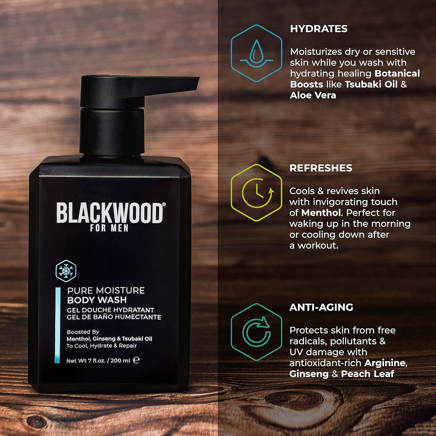 Blackwood for Men Pure Moisture Body Wash W/Pump | Men&rsquo;S Natural Gel Body Wash |Sulfate-Free for Dry Sensitive Skin | Ginseng + Cooling Menthol for Workout Recovery