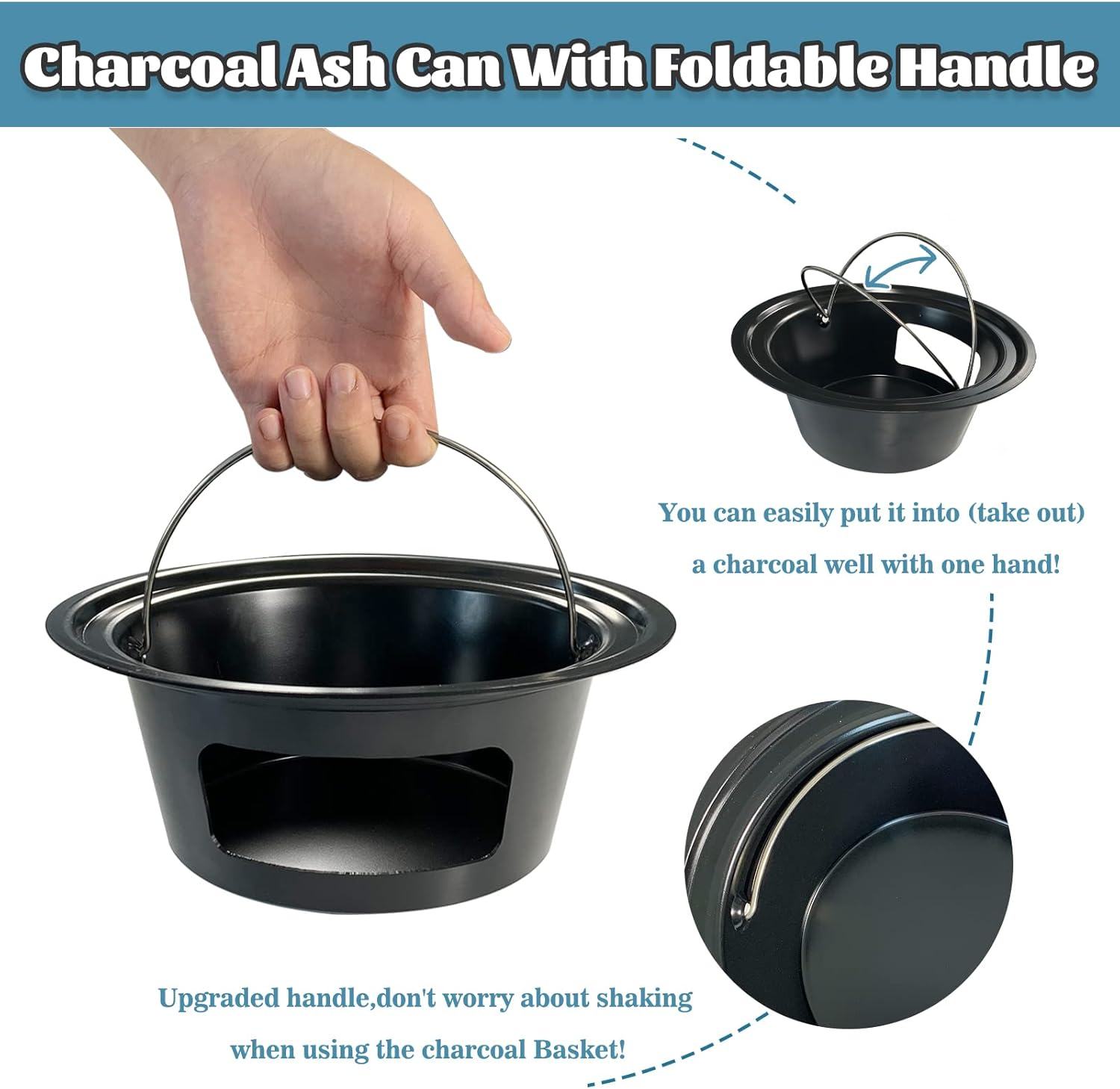 Kamaster Ash Can with Handle for Large Big Green Egg,Charcoal Ash Collector Must Haves Big Green Egg Accessories Carbon Steel Ash Pot High Temperature Resistance with Folding Handle Kamado Ash Basket image number 3