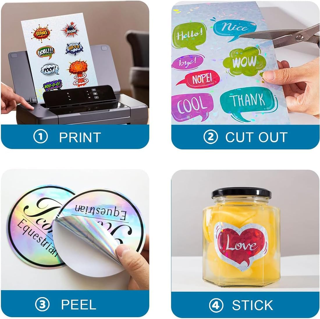 24 Sheets Vinyl Printable Sticker Paper, A4 Size Holographic Glossy Self Adhesive Sticker Paper, Waterproof Quick Dry Sticker Paper for Ink Jet Laser Printer, 8.25 X 11.7 Inch image number 4