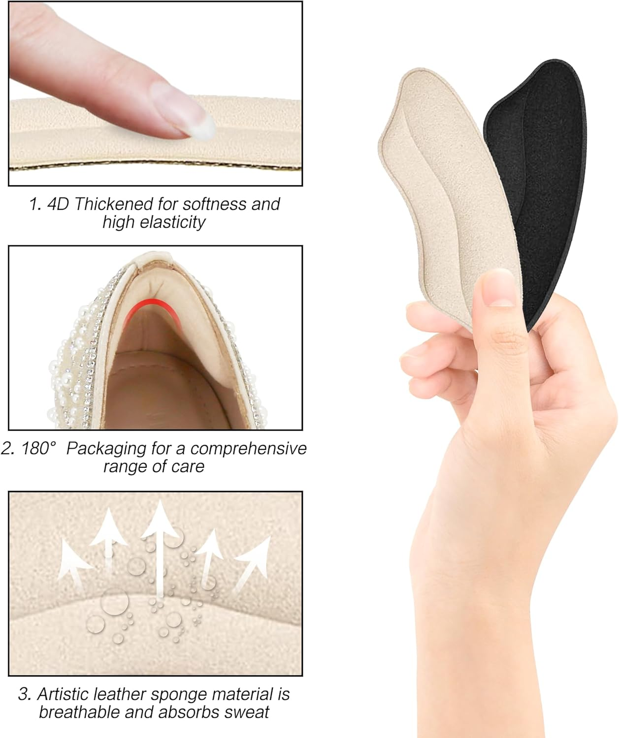 8Pieces Heels Grip Liner | Leather Heel Cushion Pads Back of Heel Protectors Cushions | Self-Adhesive Foot Care Protectors | Heel Pads Snugs for Shoe Too Big Men Women, Filler Improved Shoe Fit and Comfort image number 2