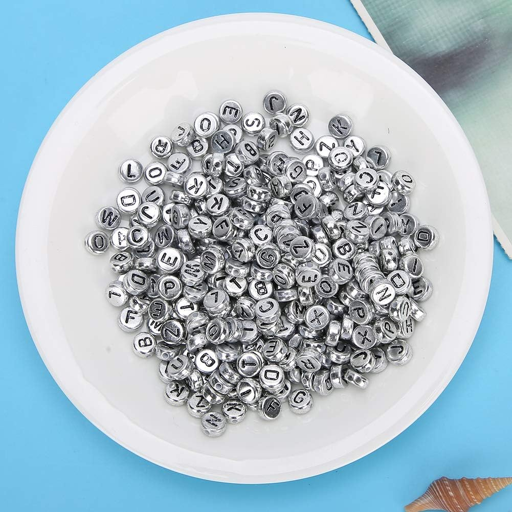 Folany 500Pcs Silver Acrylic round Letter Beads, A-Z Alphabet, Plastic, 4X7Mm, DIY Craft image number 4