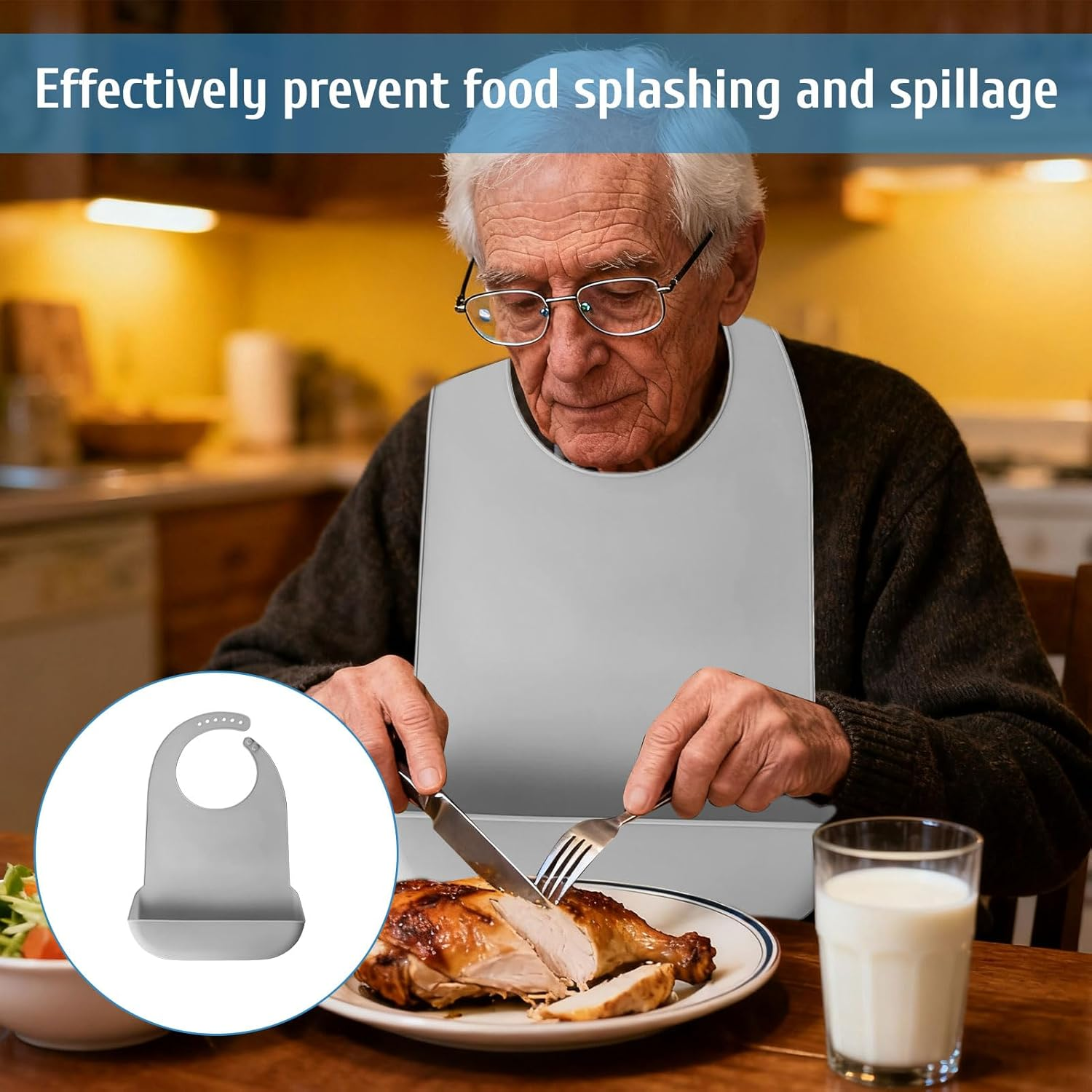 Silicone Bib, 2Pcs Adult Bib, Bibs, Silicone Adult Bibs with Crumb Catcher, Waterproof Clothing Protector, Reusable, Adjustable and Washable Bib, Suitable for Men, Women, Elderly(Blue/Grey) image number 2