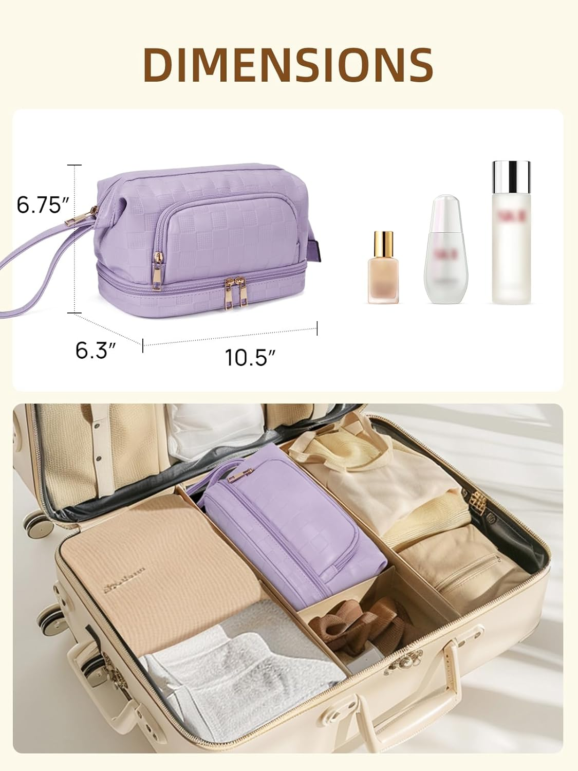 DDPOND Makeup Bag Large Capacity Travel Cosmetic Bags Double Layer Portable Leather Make up for Women (Apricot - Square)