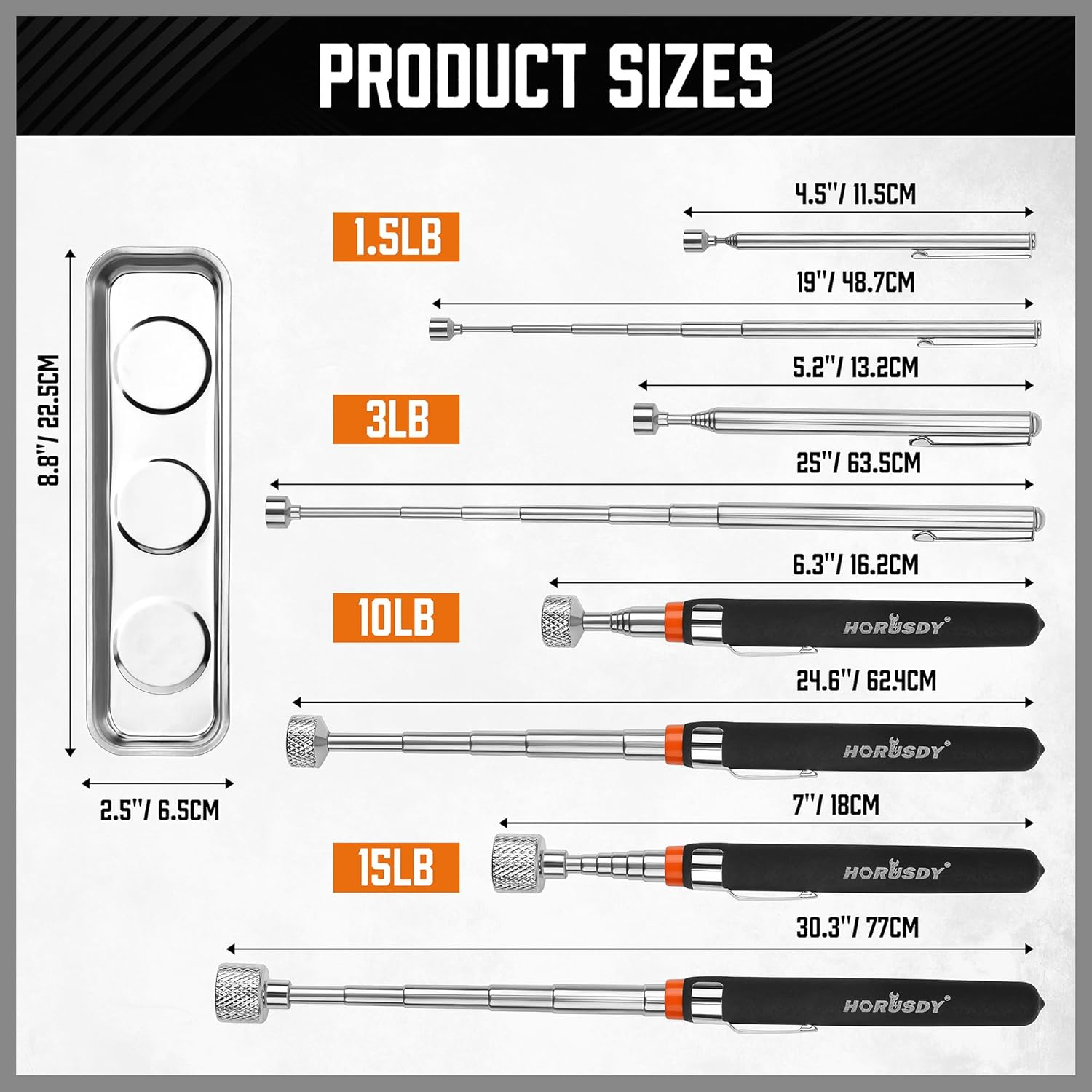 HORUSDY 5-Piece Magnetic Pickup Tools Set, Includes 15LB, 10LB, 3LB, 1.5LB Magnet Sticks, Rust-Proof Magnetic Tray, Telescoping Design for Mechanics, Automotive, DIY, Gifts for Men, Dad image number 6