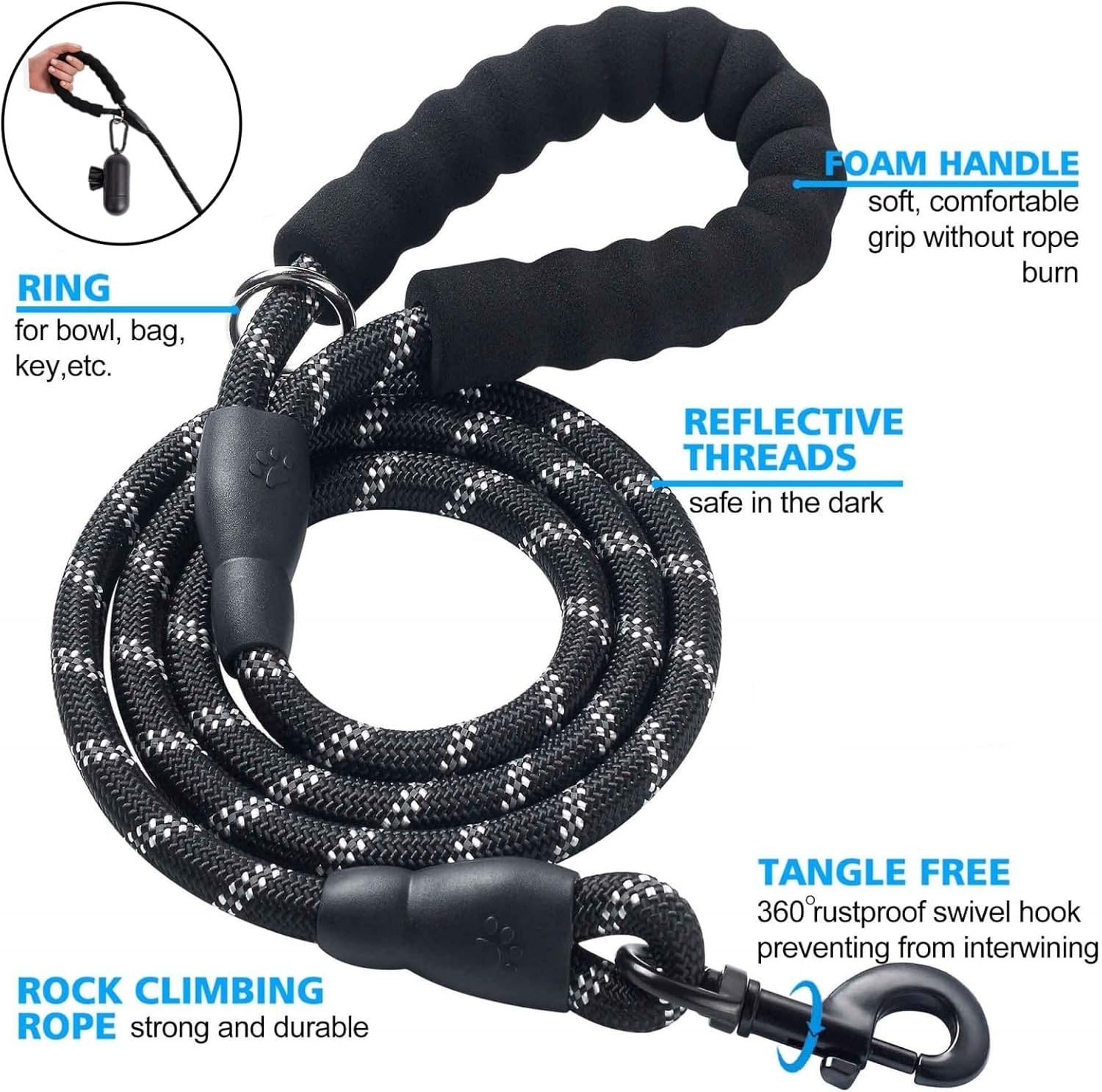 MIDAGAS Dog Leash 5 FT Heavy Duty Pet Leashes with Comfortable Padded Handle, 360&deg; Swivel Metal Catch, Highly Reflective Threads Leash for Medium Large Dogs, with Collapsible Pet Bowl and Garbage Bags