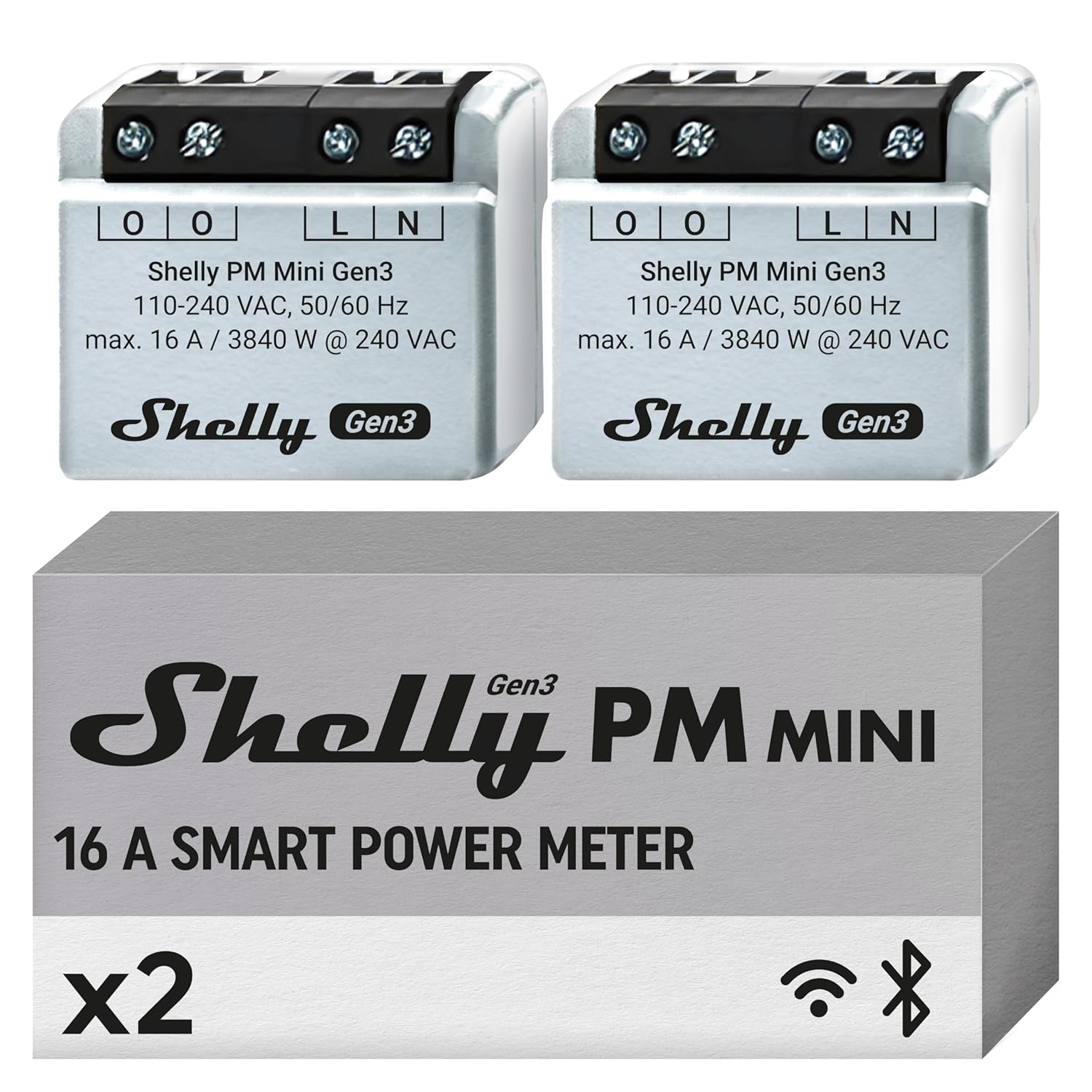 Shelly PM Mini Gen3, Intelligent Wi-Fi and Bluetooth Power Meter, 1 Channel 16 A, Power Measurement Device, Compatible with Alexa and Google Home, Ios-Android App, No Hub Required (2-Pack)