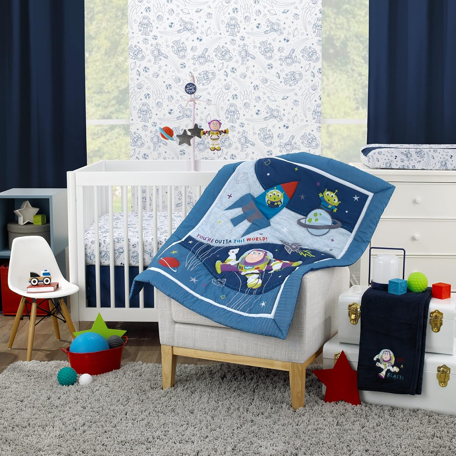 Disney Toy Story Outta This World Blue and Gray 3 Piece Nursery Crib Bedding Set - Comforter, Fitted Crib Sheet, and Crib Skirt (4763276P) image number 2