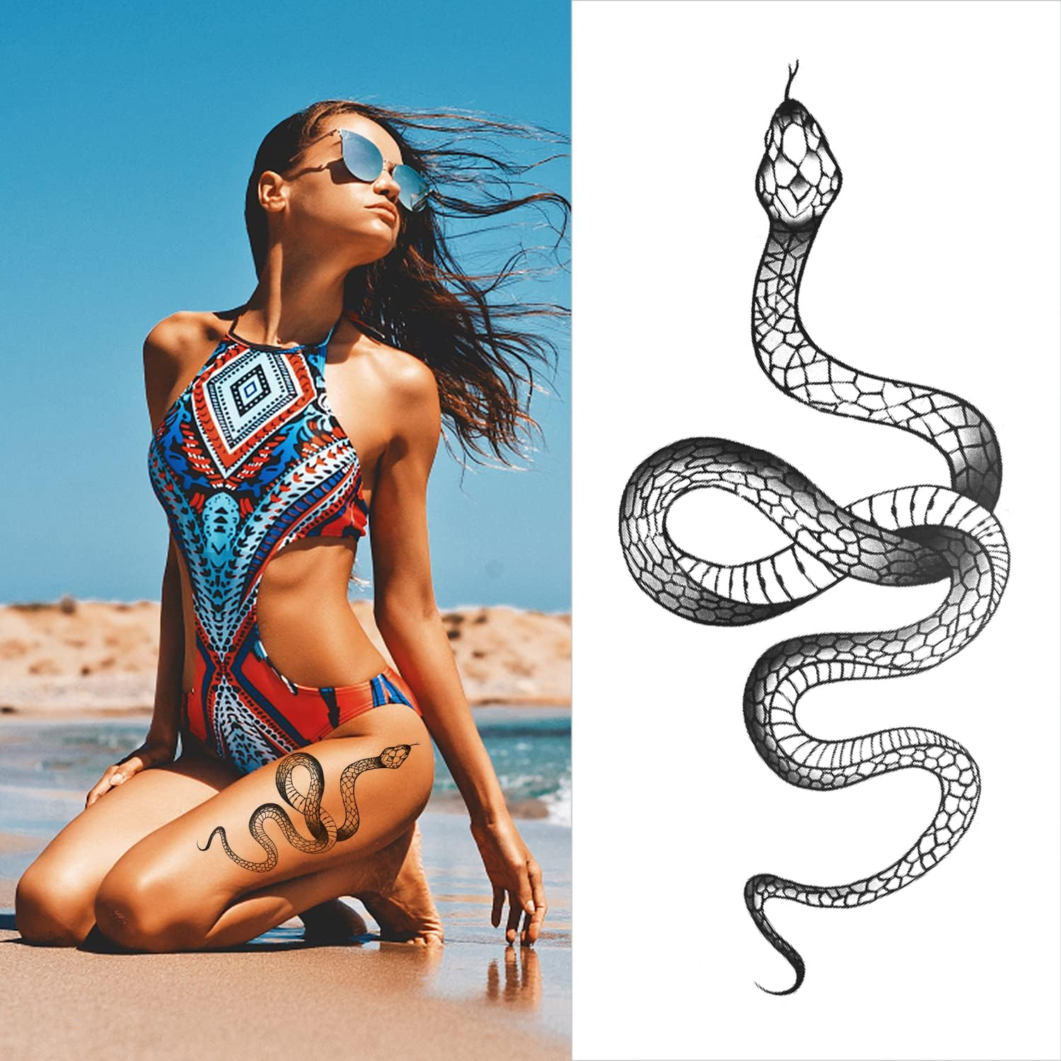 Fashion Realistic Big Size Black Snake Temporary Tattoo Stickers for Women Men Waterproof Fake Tattoo Waist Body Forearm Arm image number 2