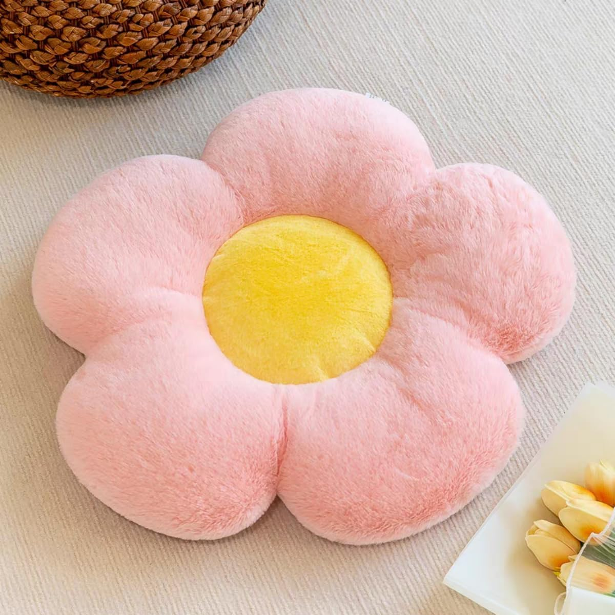 Flower Floor Pillow Seating Cushion - Cute Room Decor,Flower Pillow for Reading and Lounging Comfy Pillow -45Cm (Pink+Yellow)