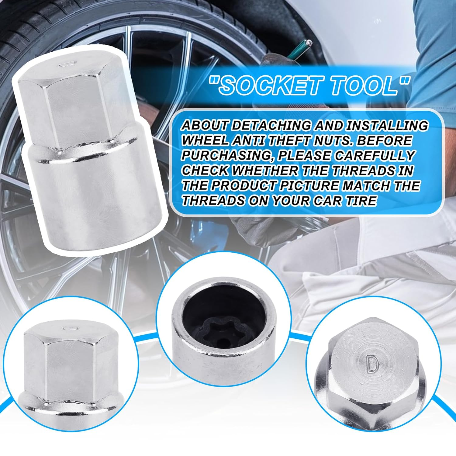 D-Wheel Locking Lug Nut Detach Tool, Carbon Steel anti Theft Lug Nut Key Wheel Lock Socket Adapter Dismantle & Install Security Nuts Automotive Repair Tool image number 2