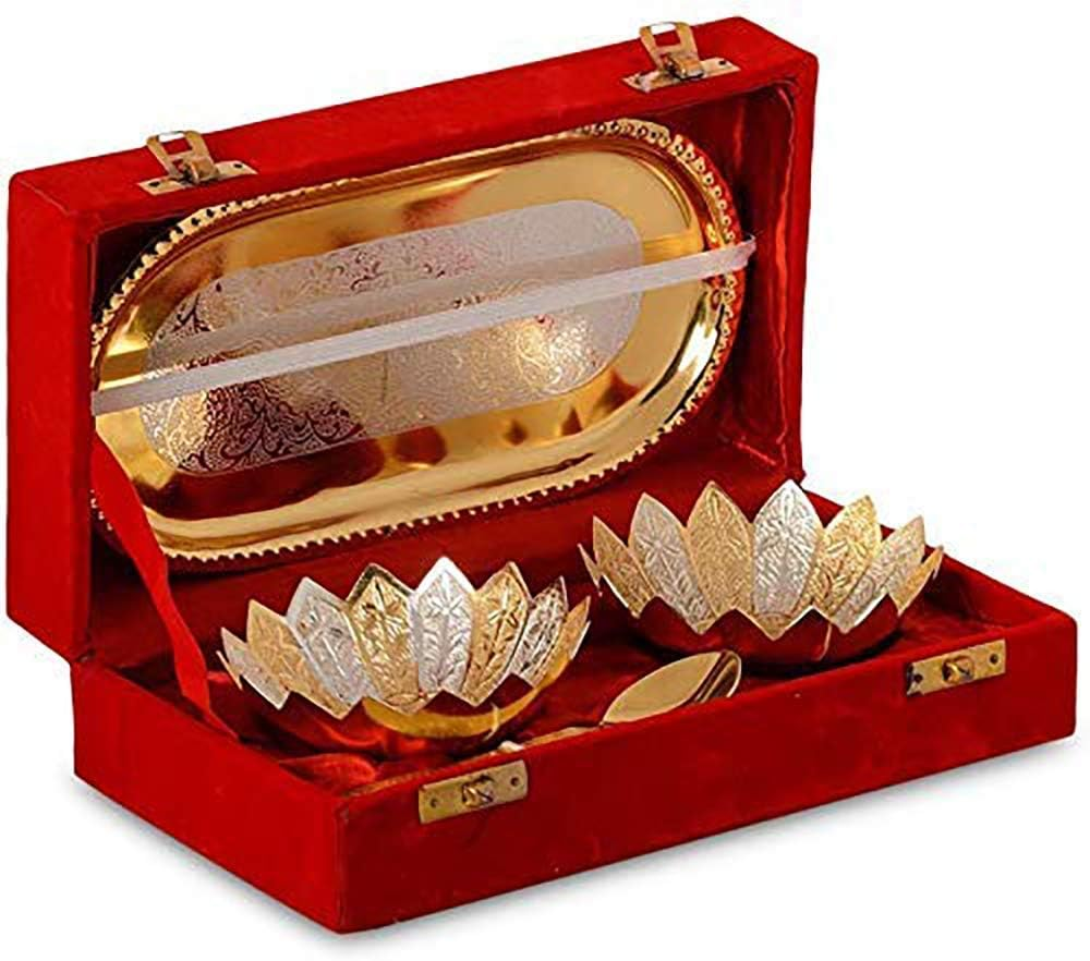 Garden of Arts Fancy Metal Gold and Silver Plated Floral Flower Shape 5 Pieces Set 2 Bowls 2 Spoons 1 Tray in Red Velvet Box Ideal for Dryfruits Party Prop Also Known as Pandan image number 6