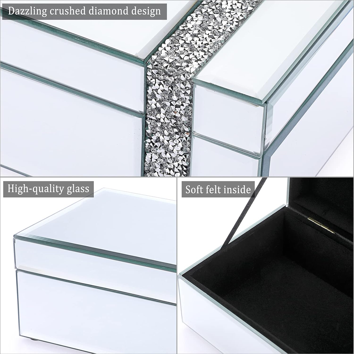 ELLDOO Glass Mirrored Jewelry Box with Crushed Diamonds Strip Decor, Luxury Trinket Box Organizer Decorative Box Treasure Chest Keepsake Box for Women Girls Gift image number 1