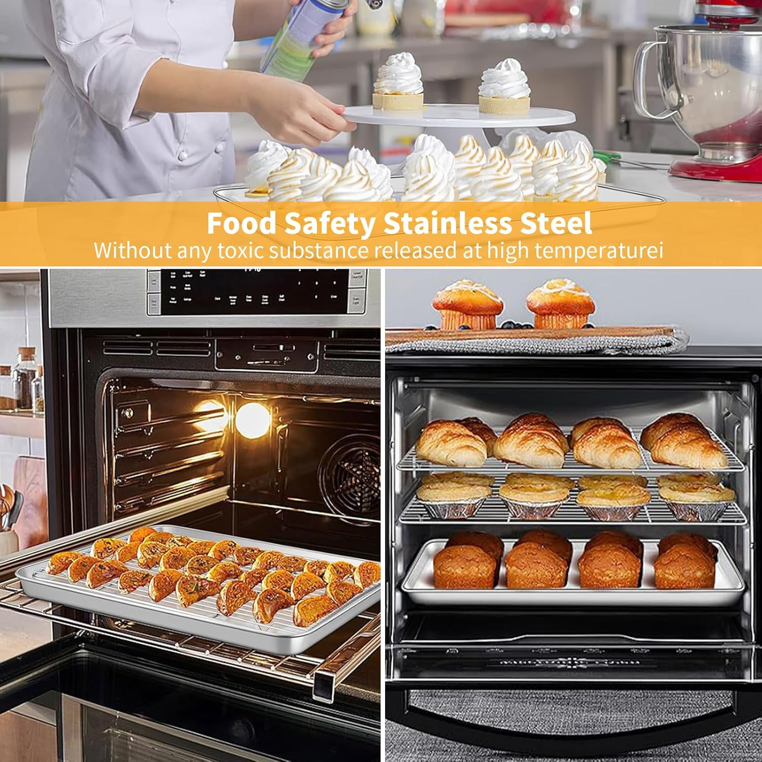 4 Pcs Baking Sheets & 4 Pcs Baking Racks, Oven Baking Pans, Stainless Steel Baking Pan Cookie Sheet with Cooling Rack, Sheet Oven Tray & Cooling Grid Rack Rust Warp Resistant Nonstick (23*17*2.5CM) image number 5