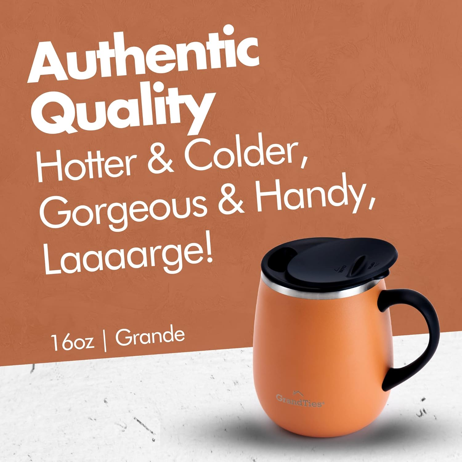 Grandties Insulated Coffee Mug with Handle - Sliding Lid for Splash-Proof 16 Oz Wine-Glass Shape Thermal Tumbler with Double Walled Vacuum Stainless Steel to Keeps Beverages Hot or Cold (Carrot) image number 1