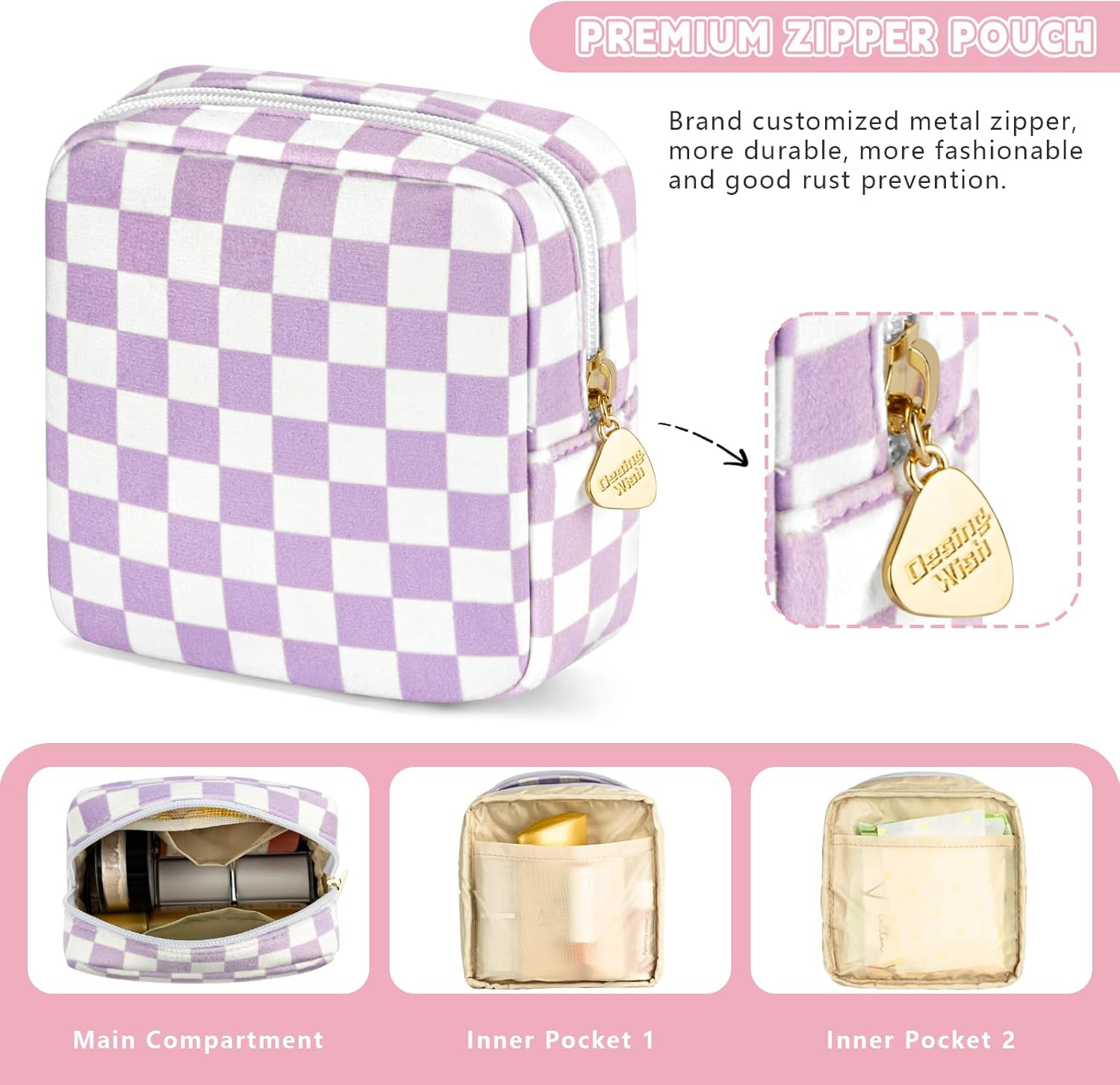 Desing Wish Women'S Make up Bag Small, Pink and Black Checkerboard Pattern - Pack of 2, Mini - Pink And Black Checkerboard Pattern - Pack Of 2 image number 4