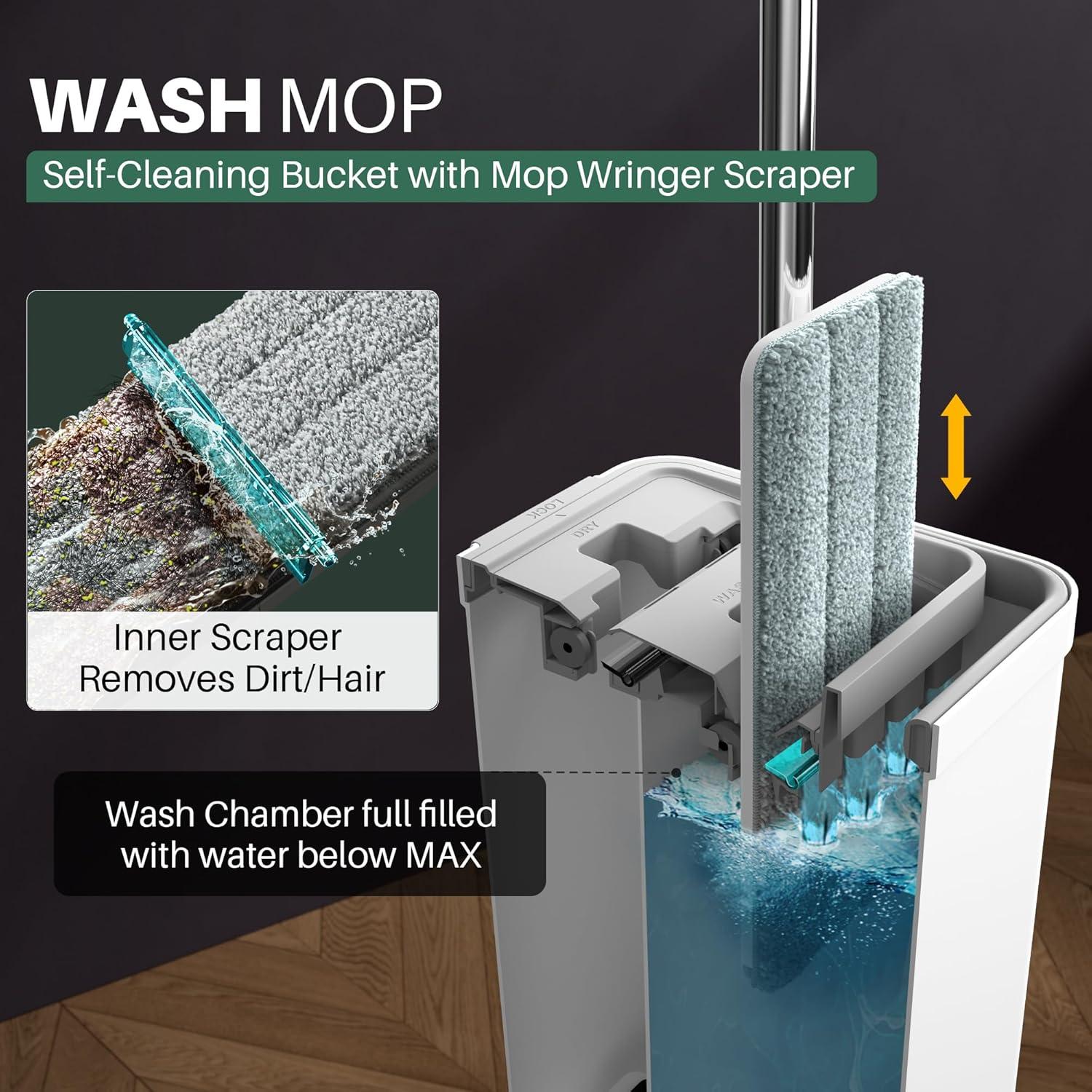 JOYMOOP Mop and Bucket Set with Wringer, White Flat Mops for Floor Cleaning, Hands Free Wet Dry Use, 60" Microfiber Mop with 6 Reusbale Microfiber Pads image number 3