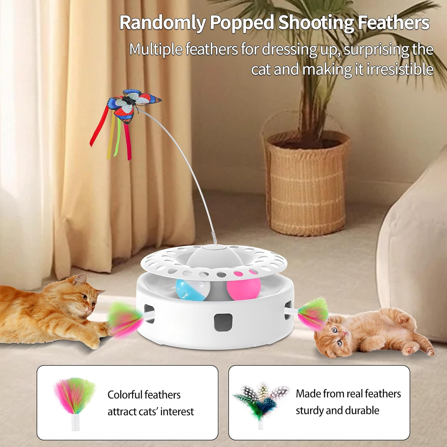 Soarer Cat Toy 3-In-1 Automatic Interactive Kitten Toy, Butterfly Dancing, Shooting Feathers, 4-Piece Toy Replacement, Track Ball, Dual Power Mode Suitable for Indoor Sports Cats image number 5