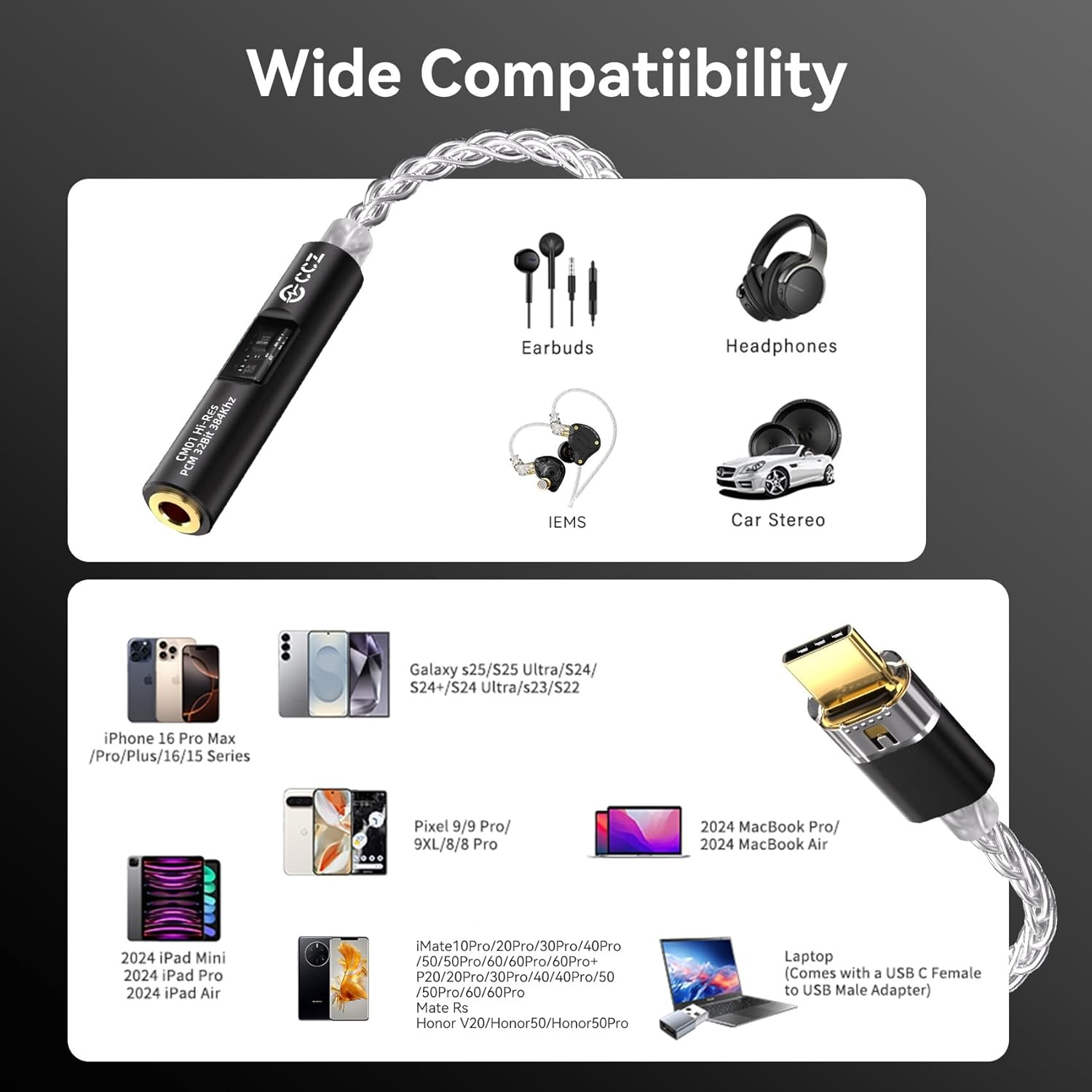 USB C to 3.5Mm Audio Headphone Adapter with CX31993 MAX97220 Dual Chip Dongle Hi-Res DAC, USB-A and Type C/USB-C to Aux Adapter, CCZ CM01 8-Strand Single Crystal Copper Silver-Plated IEM Cable (Black) image number 3