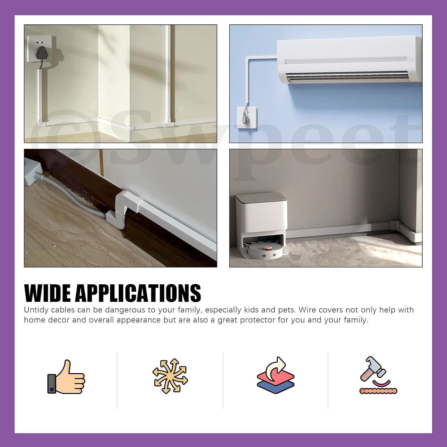 Swpeet 22Pcs 10 &times; W 0.96In &times; H 0.57In Paintable Cord Hider Kit, Cable Hider Cover Raceway Cord Management Cable Concealer Cord Covers for Wires on Wall Mounted TV image number 5