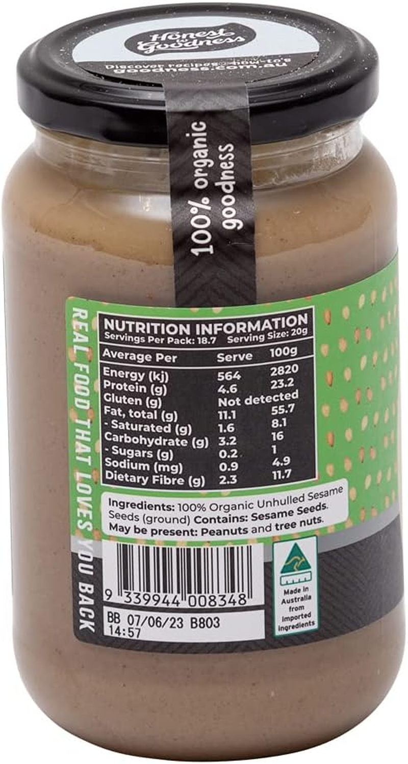Honest to Goodness, Organic Tahini Unhulled, 375G - 100% Pure, Ground, Unhulled Sesame Seeds That Have Been Lightly Toasted. Its Rich & Delightful Nutty.