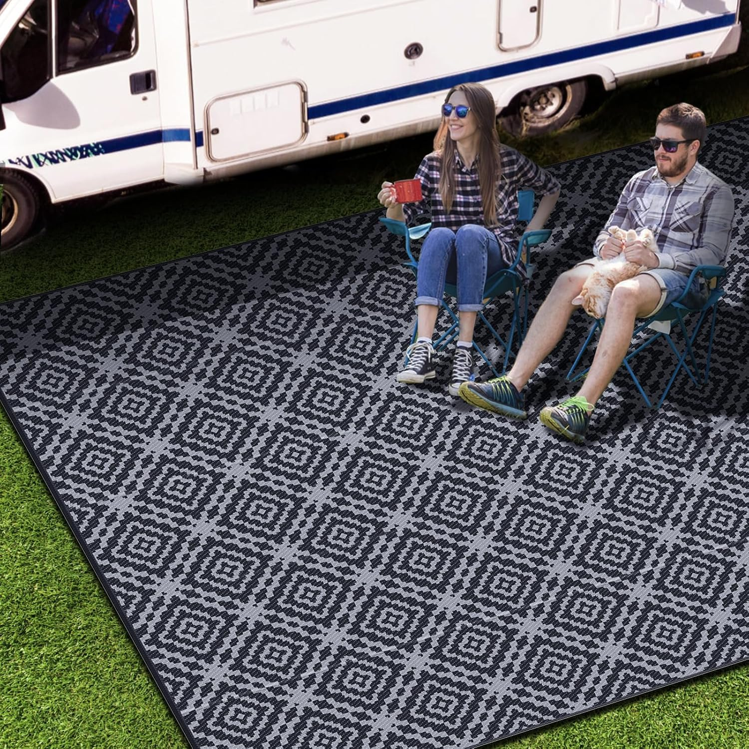 Outdoor Camping Rug Waterproof 9X12Ft, Large Reversible Stain&Uv Resistant Plastic Straw RV Rug for outside Patio Pool Deck Beach Indoor, Area Carpet Mat with Portable Bag&4 Stakes-Black Grey Rhombus image number 2
