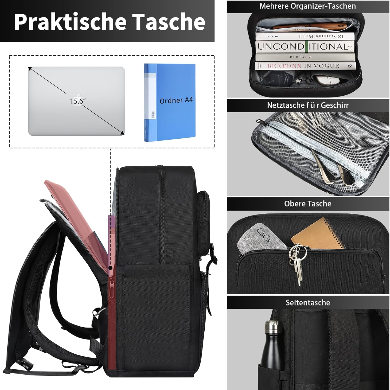 BERTASCHE Lunch Rucksack, Laptop Rucksack 15,6 Zoll Mit Isoliertes K&uuml;hltasche F&uuml;r Herren Und Damen, 2-In-1-Arbeitsrucksack F&uuml;r Uni, Business, Pendler, Reisen, Schwarz image number 1