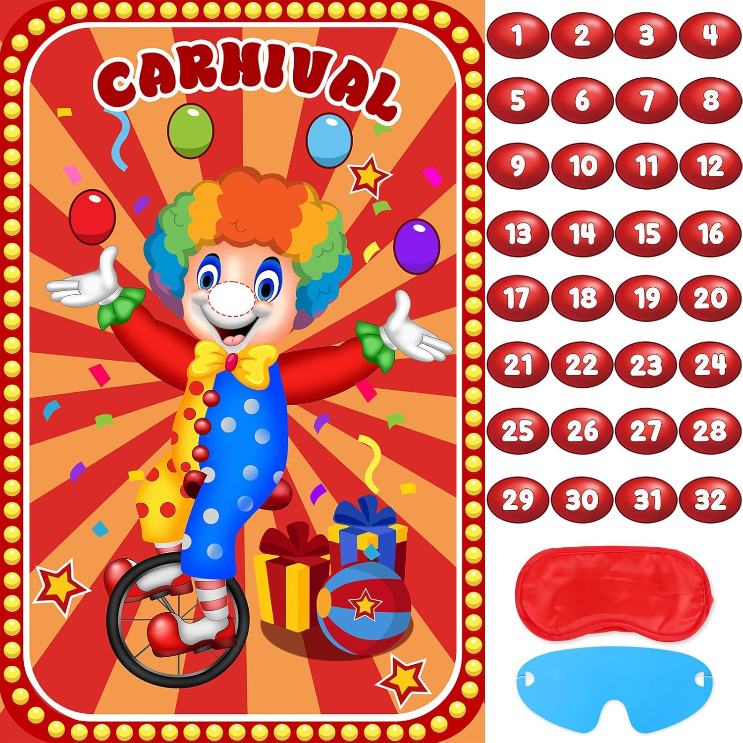 Hxezoc Pin the Noses on the Clown Carnival Game Set, Circus Theme Party Game for Kids, Includes 29X19 Inch Poster, Blindfold, 32 Nose Stickers & Adhesive image number 4