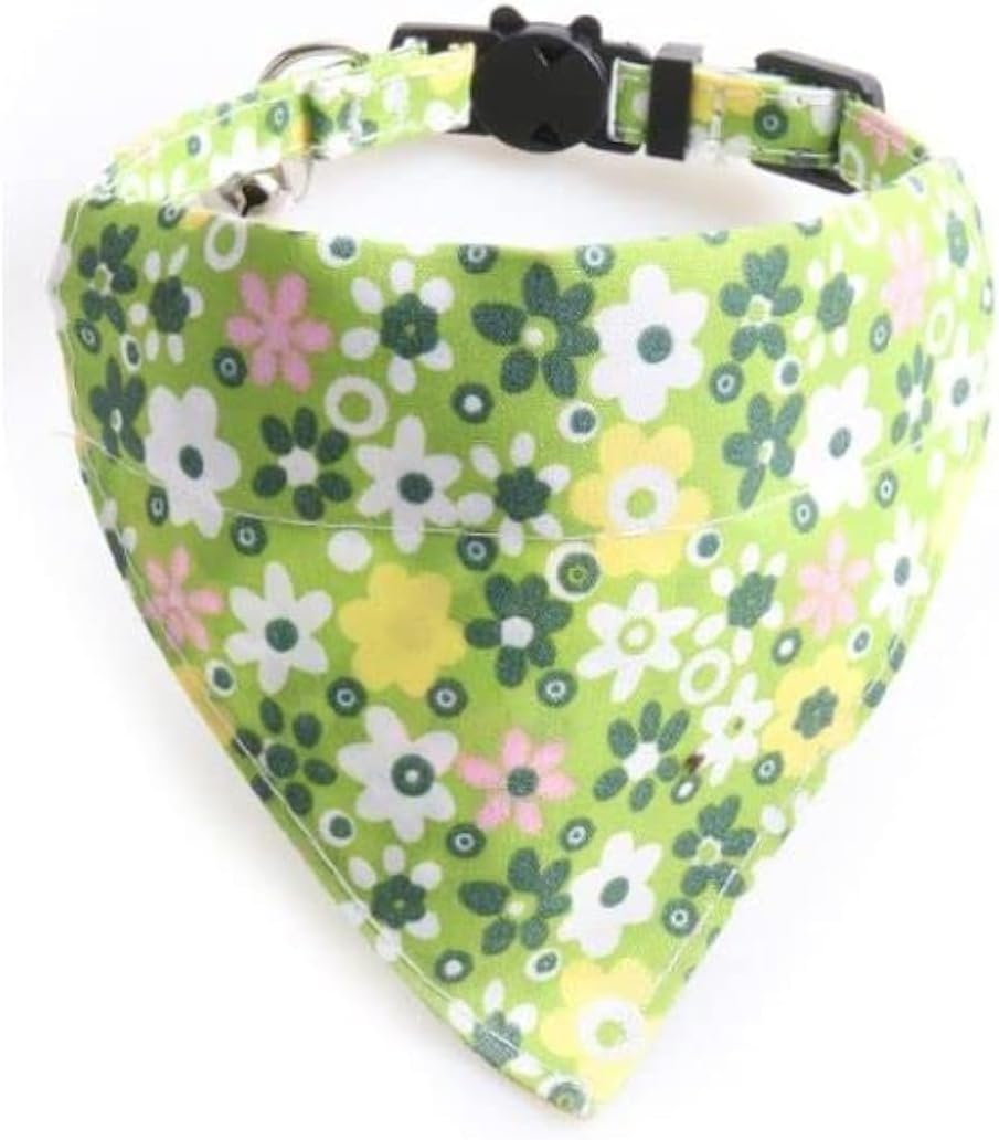 Luxury Cat Collars with Bow Tie and Bell | Safe Quick Release Breakaway Buckle | ZACAL Cat Collars (Green Floral Bandana)