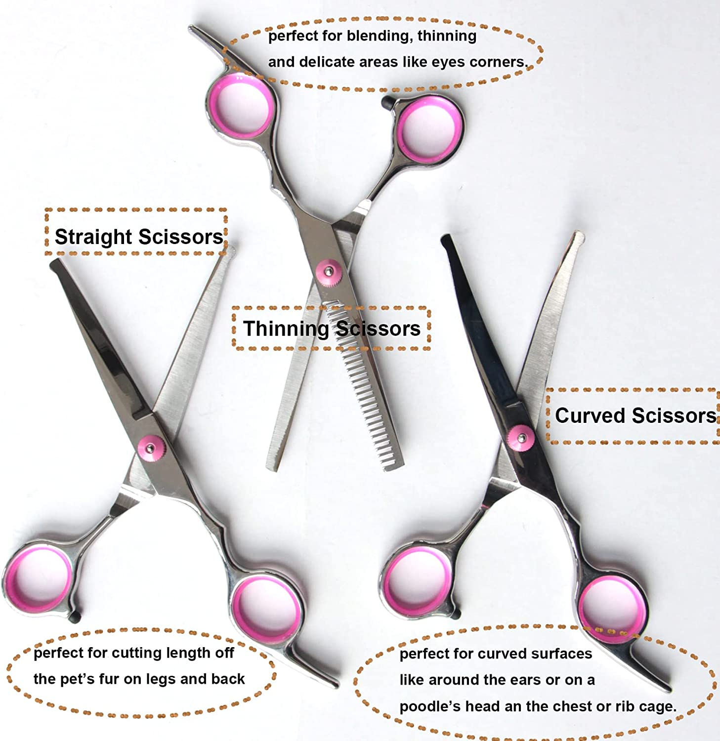 9Pcs in 1 Stainless Steel 6.5Inch Dog Grooming Scissors Kit, Dog Cat Cutting Trimmer Hair Care Thinning Shear Curved Scissors, Comb Pet Nail Clippers for Dogs Cats and Other Animals (Pink)