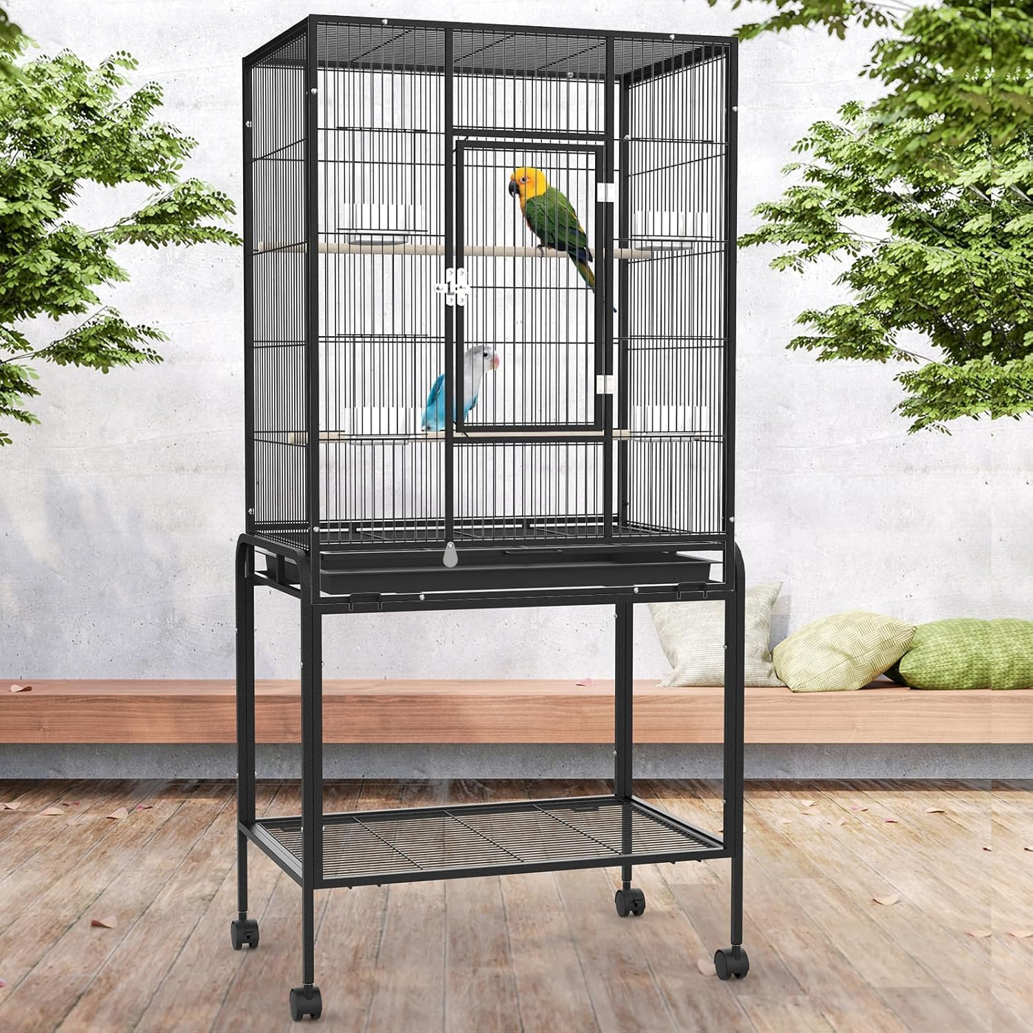 Advwin Bird Flight Cage, 66 X 43 X 135Cm Large Wrought Iron Budgie Aviary with Removable Tray, Rolling Stand Parrot Cage with 2 Perches for Cockatiels Pet Birds Parakeet Lovebird Canary Finch image number 3