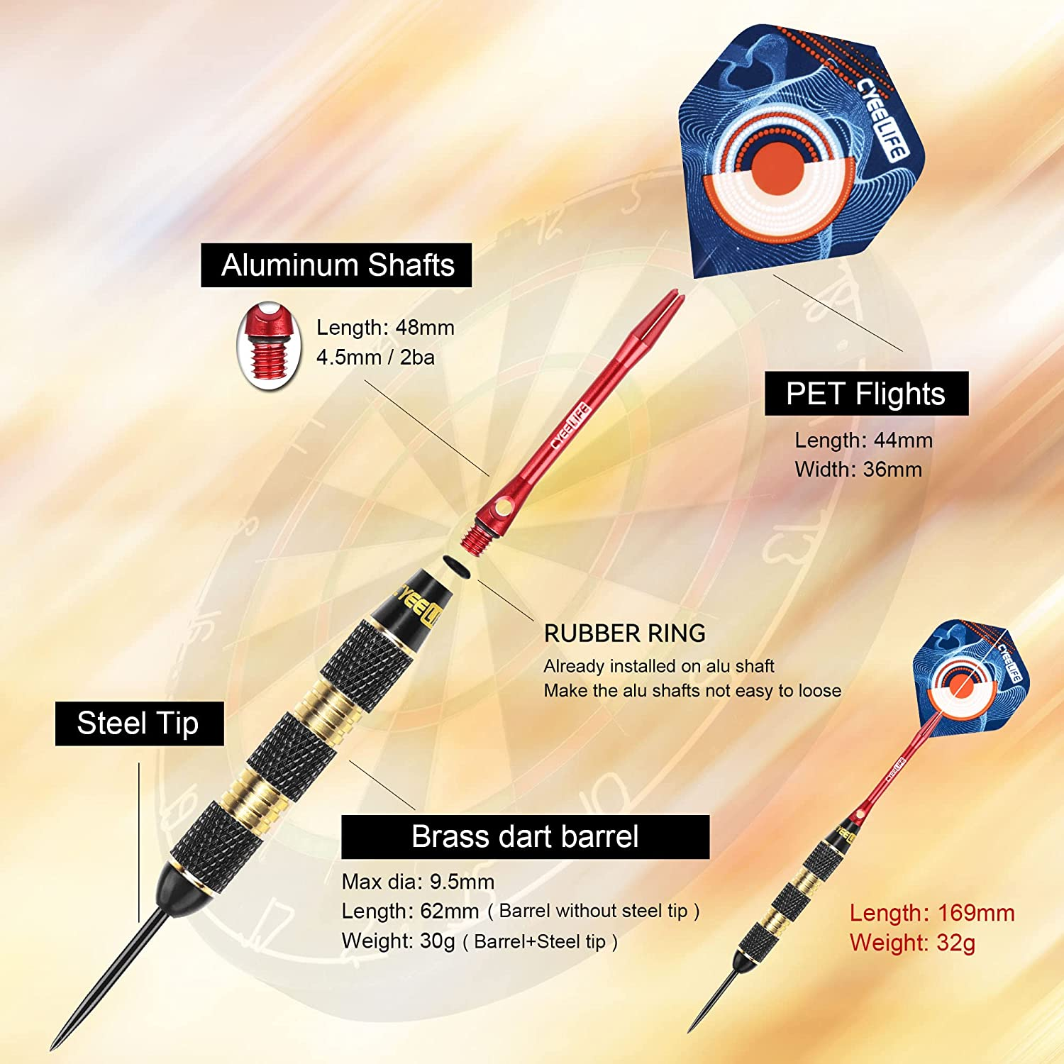 Cyeelife Professional Steel Tip Darts 32G with Aluminium Shafts,Sharpener,Tool and Extra Flights,Pro Brass Darts Set image number 2