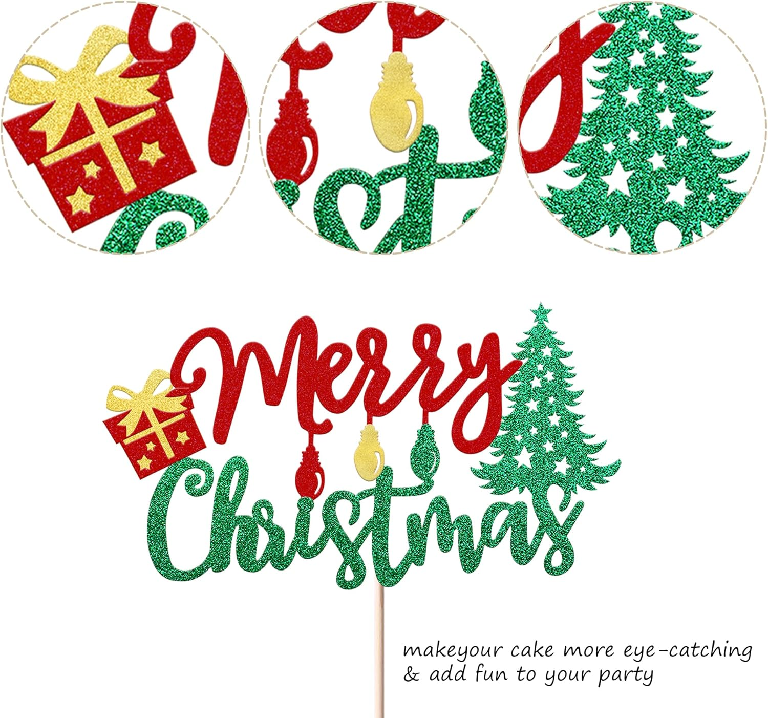 1 Pack Merry Christmas Cake Topper Glitter Lights Gift Box Christmas Tree Cake Pick for Merry Christmas Theme New Year Holiday Kids Birthday Party Cake Decorations Supplies - Design 1 image number 4