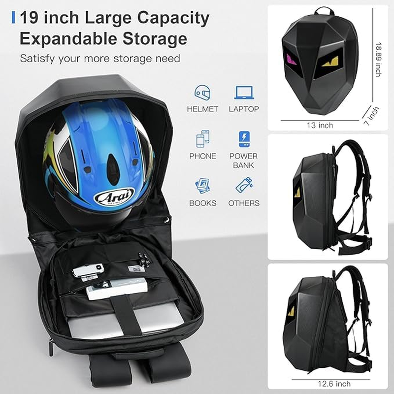 MINYII Knight LED Motorcycle Backpack Carbon Fiber Textured - 3D Hard Shell Motorbike Backpack with Programmable Digital Screen, Waterproof Riding Helmet Bag for Outdoor