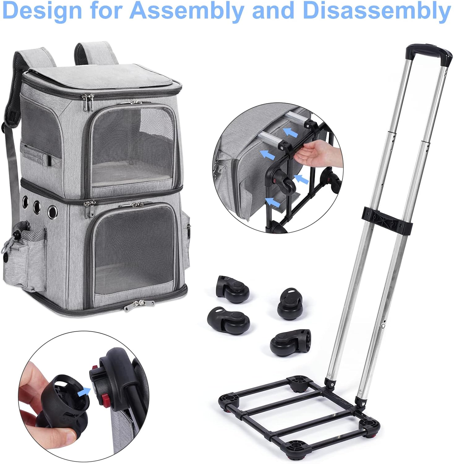 HOVONO Double-Compartment Pet Carrier Backpack with Wheels for Small Cats and Dogs, Cat Rolling Carrier for 2 Cats, Perfect for Traveling/Taking a Walk/Trips to the Vet, Grey