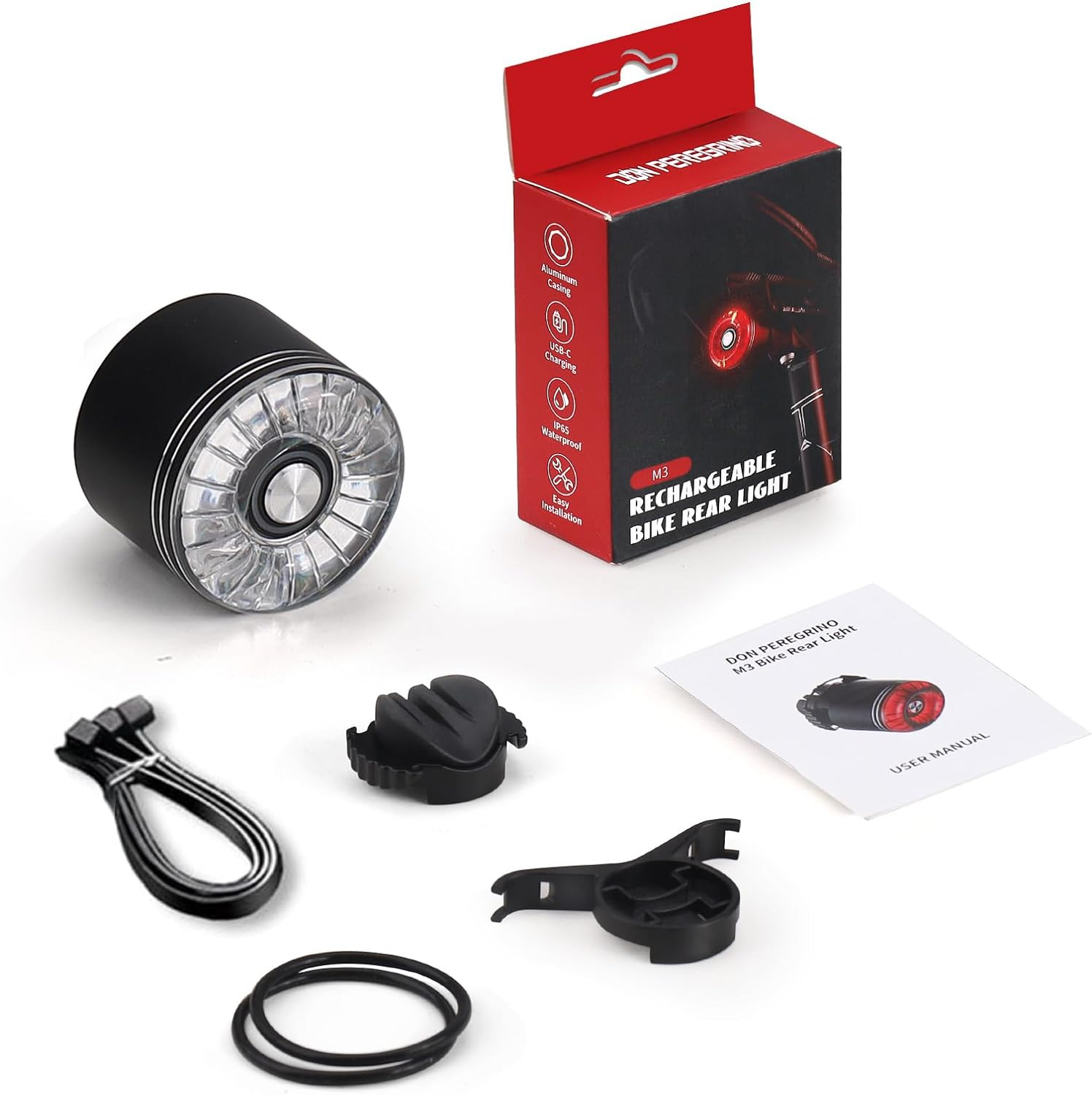 Rear Bike Light 30 Hours Autonomy - Aluminum Casing, Lightweight 28G, Waterproof IP65, USB-C Rechargeable, Quick Mount On/Off, DON PEREGRINO M3 image number 3