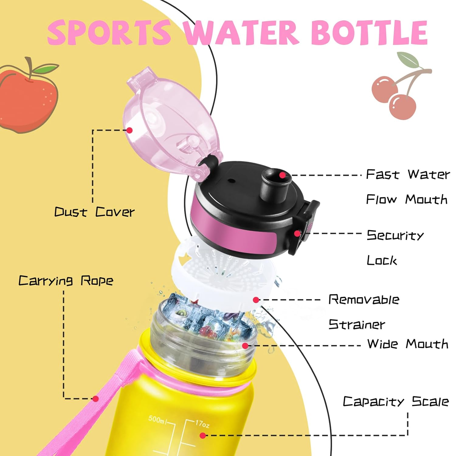 Water Bottle, 500 Ml Children'S Water Bottle, Easy to Clean, Water Bottle with Time, Water Bottle with Time Marking, Leak-Proof, Adult Drinking Bottle for School, Camping, Outdoor image number 1