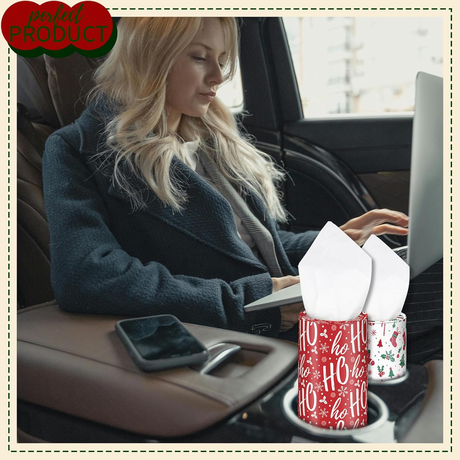 Christmas round Car Tissue Holder - Festive Bulk Facial Tissues, Holiday Decor for Cup Holders - Set of 4 Decorative Cylinders (Snowflakes, Ho Ho Ho, Candy Cane Stripes, Holiday Icons)