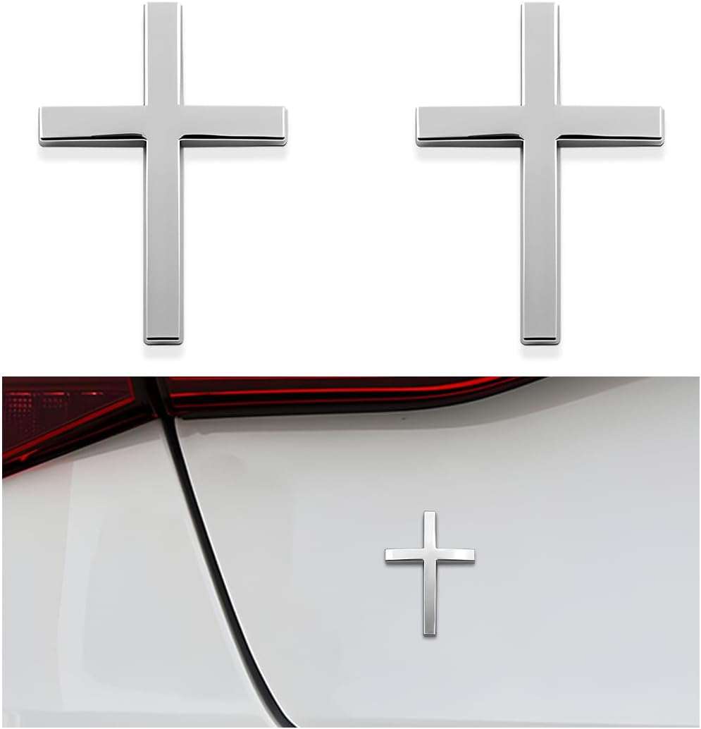 DXNQ 2PCS Metal Jesus Christ Cross Badge Stickers, 2.5"&times;1.8" Alloy 3D Individual Car Cross Sticker, Self Adhesive Scratch Covering Metal Cross Auto Emblem Decal for Car Body Fender Tail (Silver) image number 1
