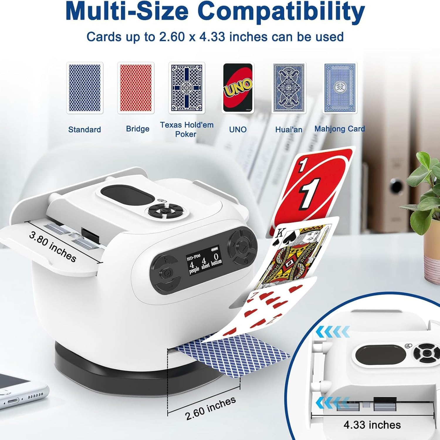 Quintin 2-In-1 Automatic Card Shuffler and Dealer with 360&deg; Omnidirectional Dealing, Multi-Size Card Compatibility, Low Noise Turbo Shuffling, Portable for 8 Players, 2025 Version (White) image number 3