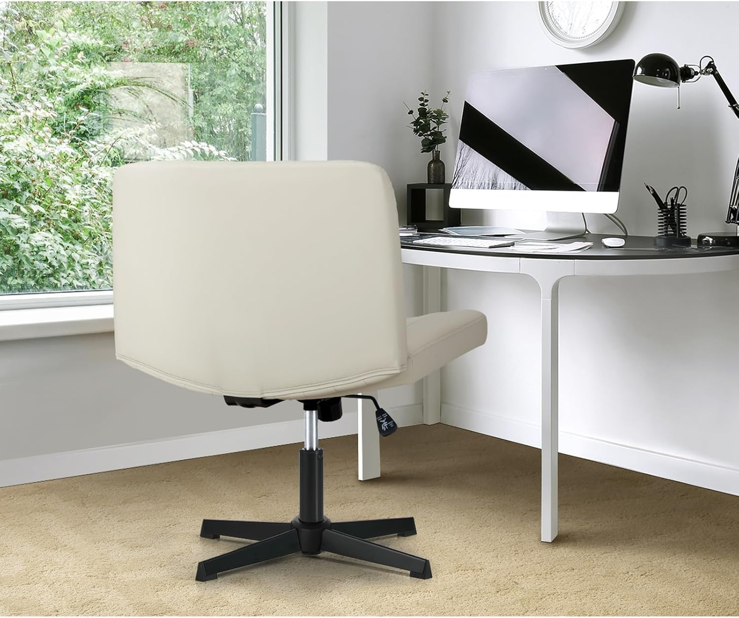Oikiture Home Office Chair with Pu Leather Cover and Wider Seat Beige Cross Legged Office Chair