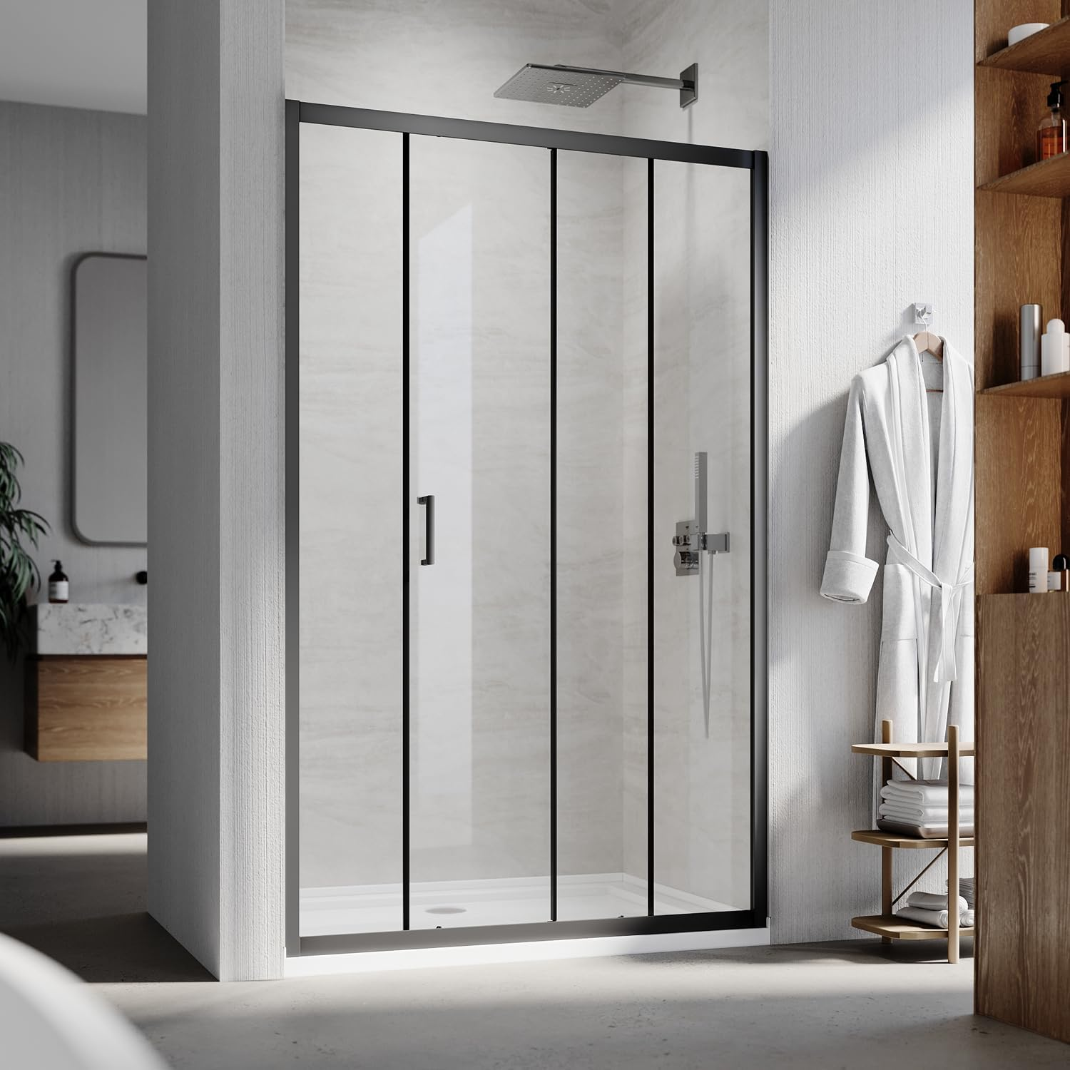 ELEGANT Sliding Shower Door, Black Framed Shower Screen, 5Mm Tempered Glass, Wall to Wall Shower Door, Single Aluminium with 1100X1900Mm, No Base and Waste Outlet